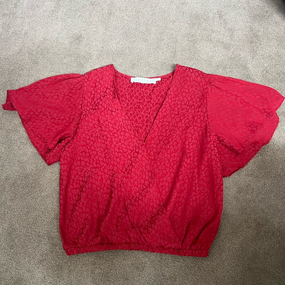 Astr Red Flutter Sleeve Wrap Blouse